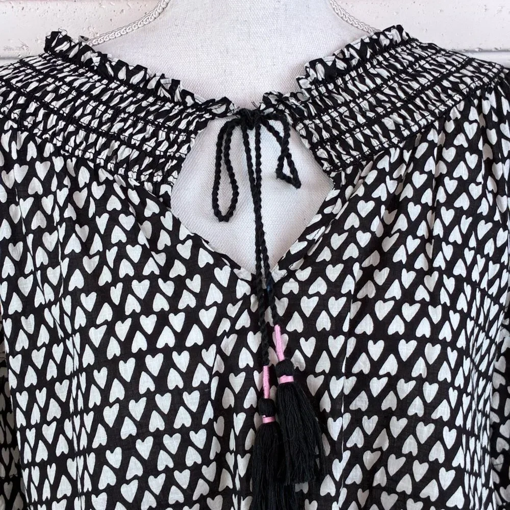 Ivy jane Black & White Heart Print Smocked Peasant Top prairie Cottagecore